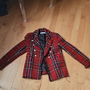 Zara Red and Black Plaid Blazer